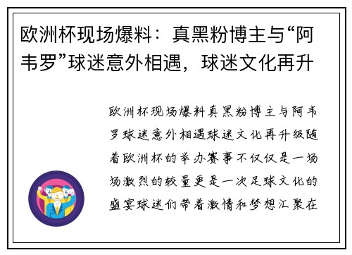 欧洲杯现场爆料：真黑粉博主与“阿韦罗”球迷意外相遇，球迷文化再升级
