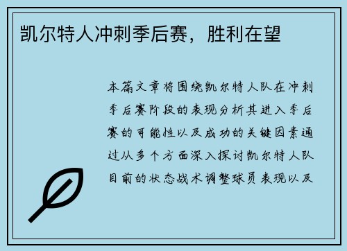 凯尔特人冲刺季后赛，胜利在望