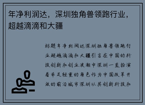 年净利润达，深圳独角兽领跑行业，超越滴滴和大疆