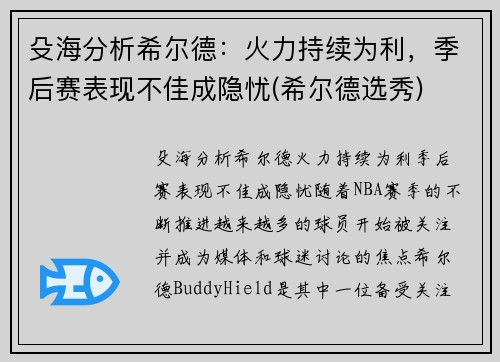 殳海分析希尔德：火力持续为利，季后赛表现不佳成隐忧(希尔德选秀)
